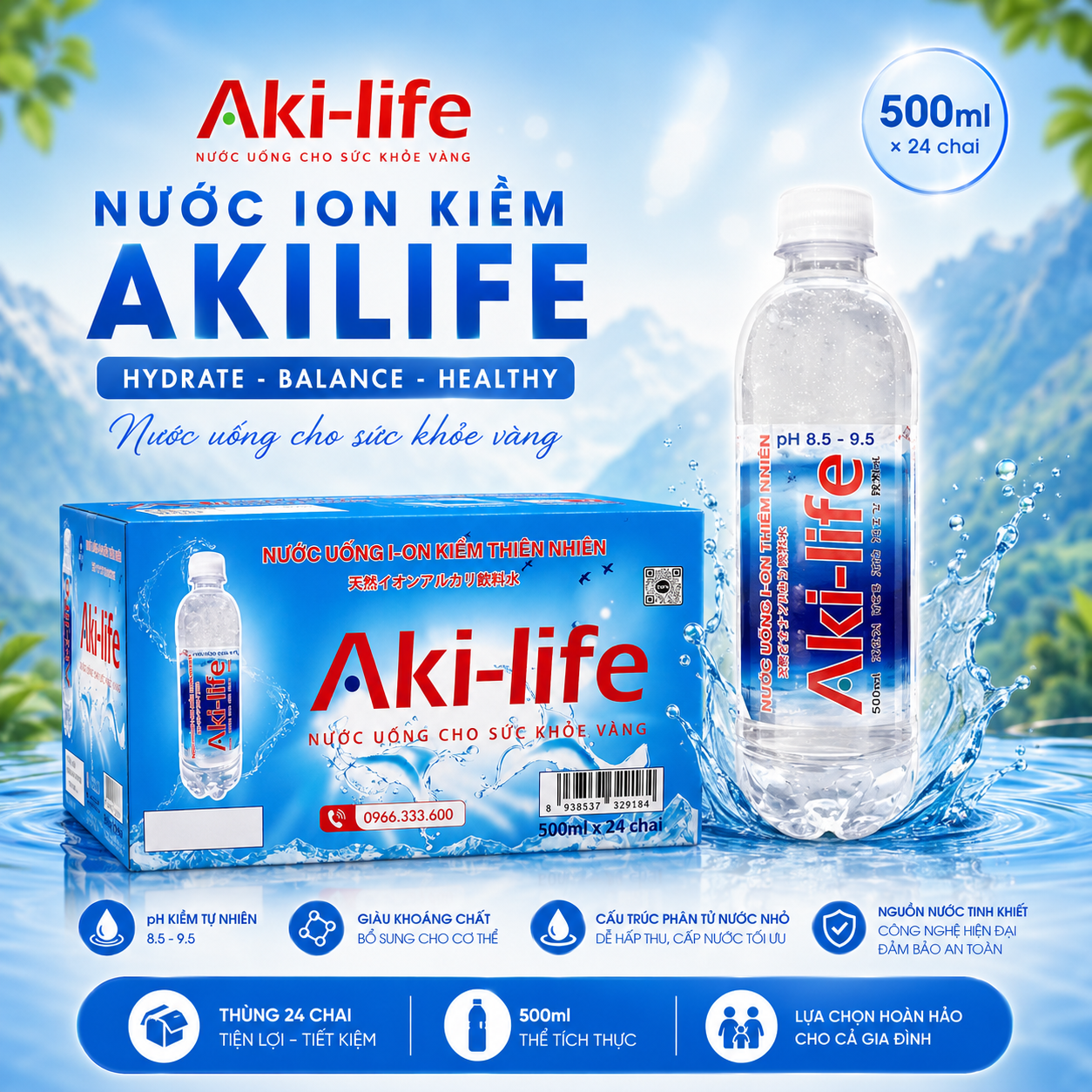 Thùng Nước ION Kiềm Akilife 500ml